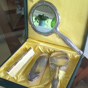 Vintage Silver Vanity Set with Mirror, Brush, and Comb And Clothes Brush